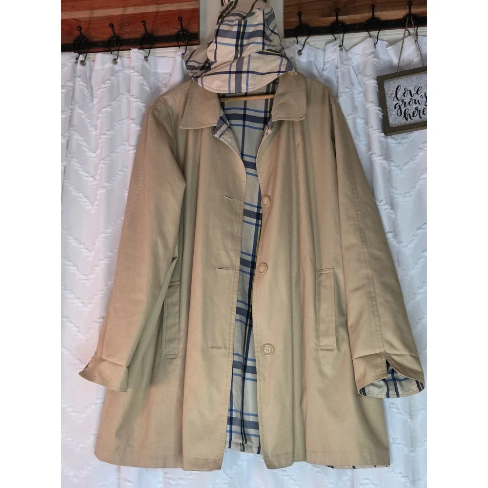 Brylane Woman Weather Solutions Beige Plaid Reversible Trench Coat Size 24W Hat - Picture 7 of 9